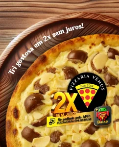 🍫😍 Tri Gostosa em 2x sem juros – é a Pizza Ouro Branco da Vênus, feita pra adoçar a tua noite com estilo e carinho de família! 😍🍫
